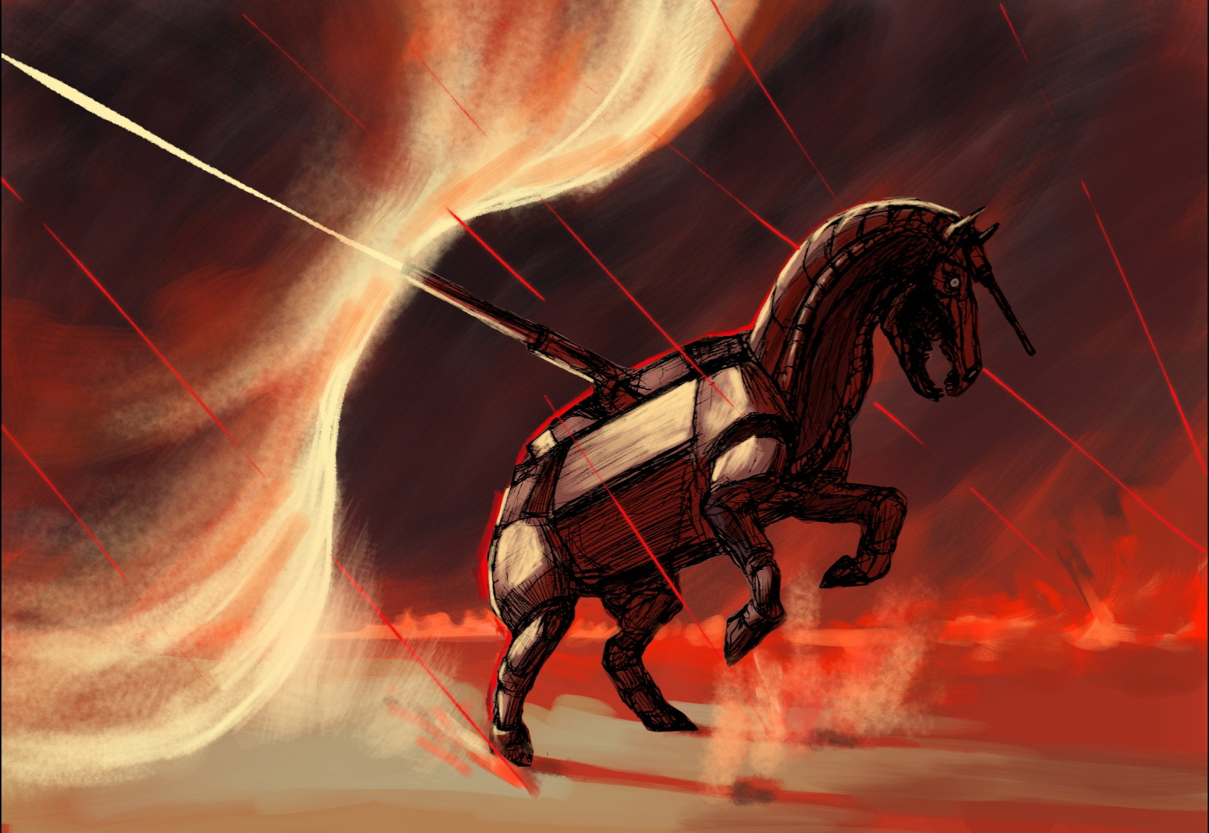 Illustration of a tank-horse hybrid surrounded by flames, rearing on its hind legs to shoot a projectile from its back-mounted tank turrent.