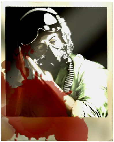 Illustration of a washed-out photograph of a woman putting on a fighter jet helmet. Her face is hidden by the helmet.
