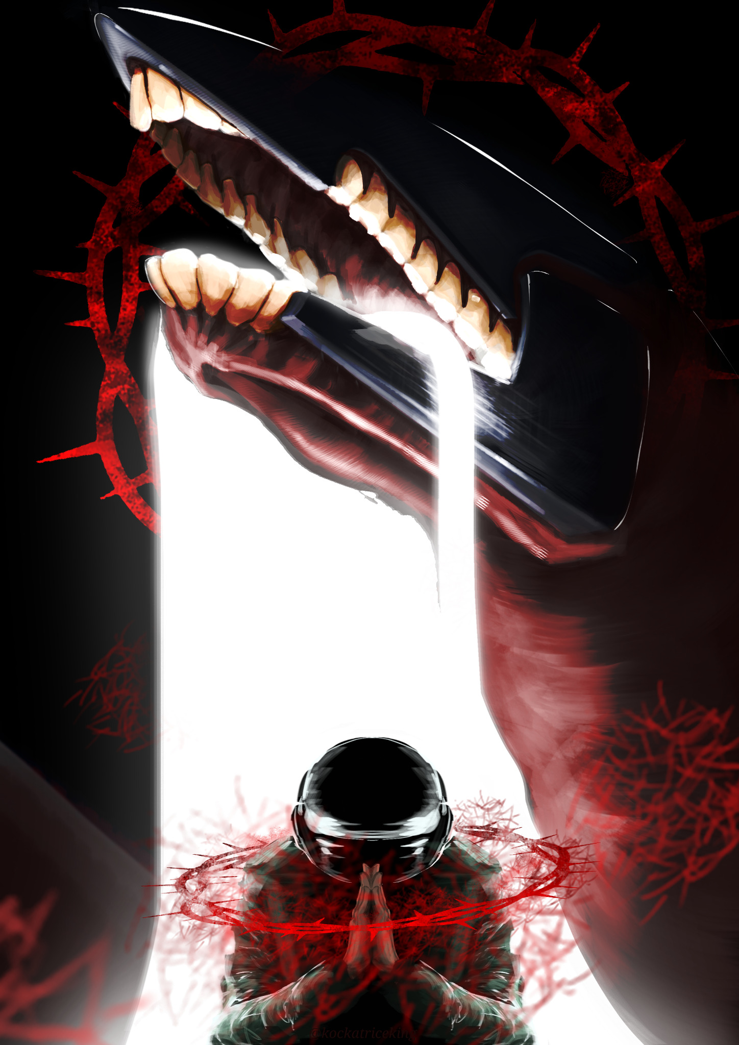Illustration of the aircraft-dragon hybrid's head, with open mouth showing human-like teeth, seen from below. White glowing liquid pours from its mouth and surrounds a person in prayer position below, wearing full fighter pilot gear.
