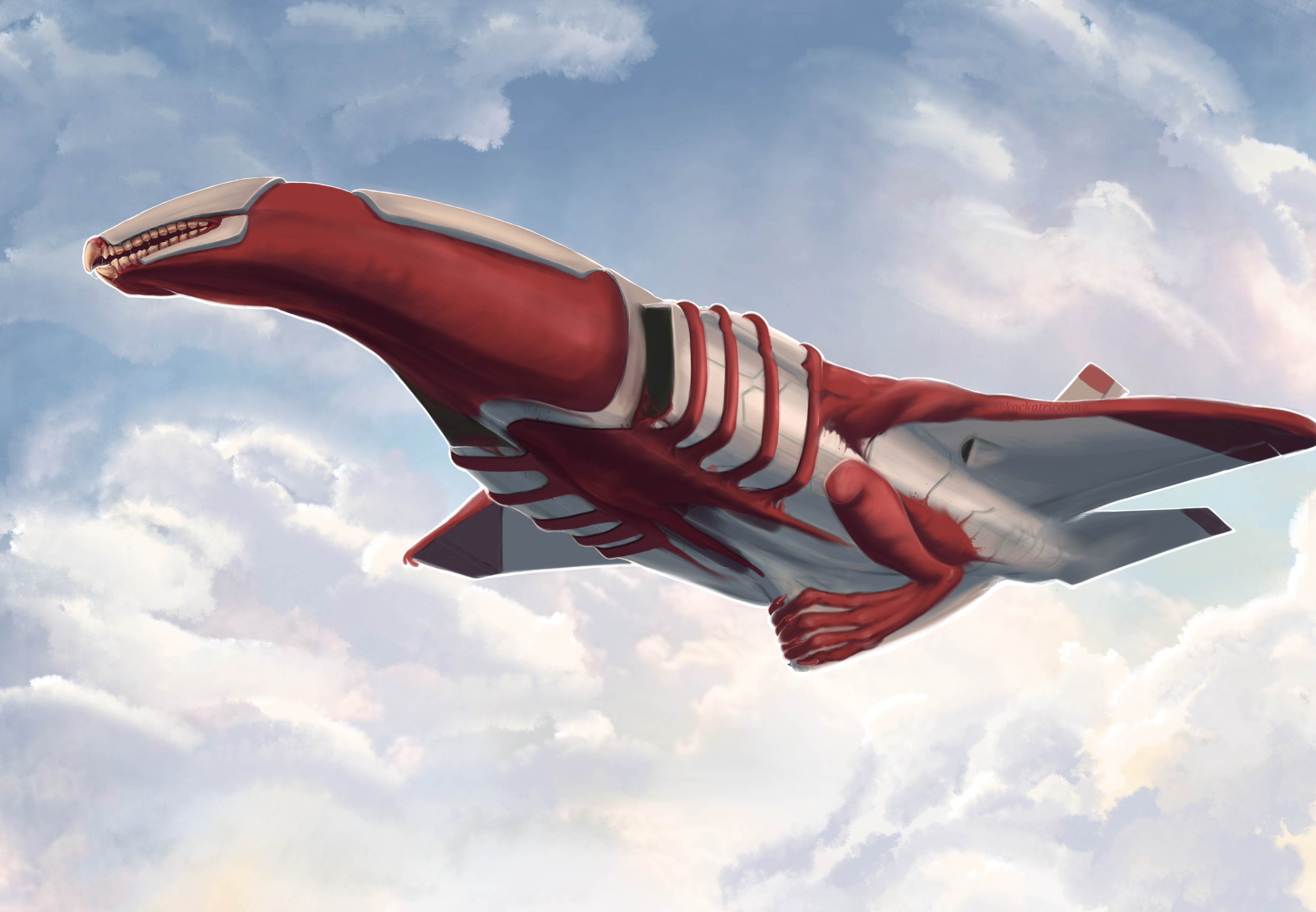Digital painting of a mechanical-flesh monster mech, with the body of an F35-E Lightning fighter jet and a snakelike head with humanoid teeth and a rodent-like incisor beak. Red meaty flesh encompasses its neck and around the edges of its wings, and dragon-like legs grip an overextended pelvic bone. It's plane aspect is painted white, with red wingtips. It's viewed from below as it flies in a calm cloudy summer sky bathed in warm light.